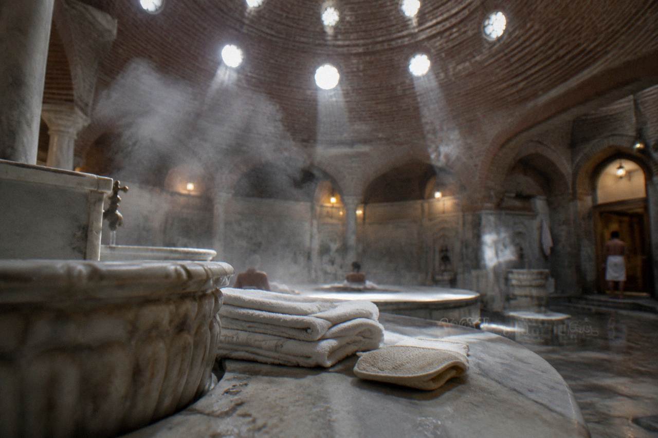 Domed ceiling with round glass lights above a steamy marble Turkish bath hall