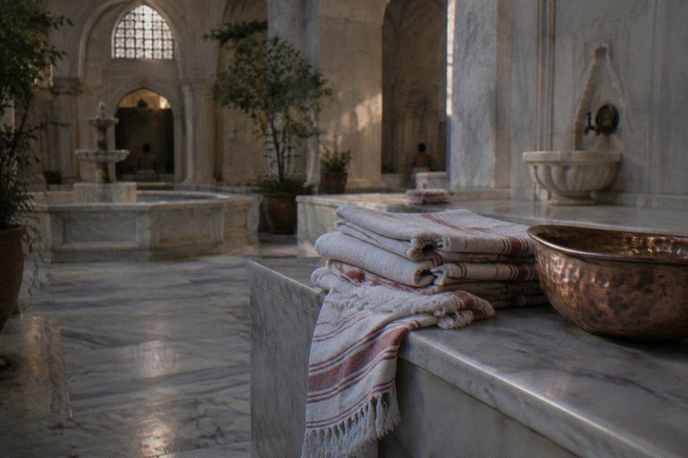 Stacked towels and a copper bowl resting on a marble bench in a bath house