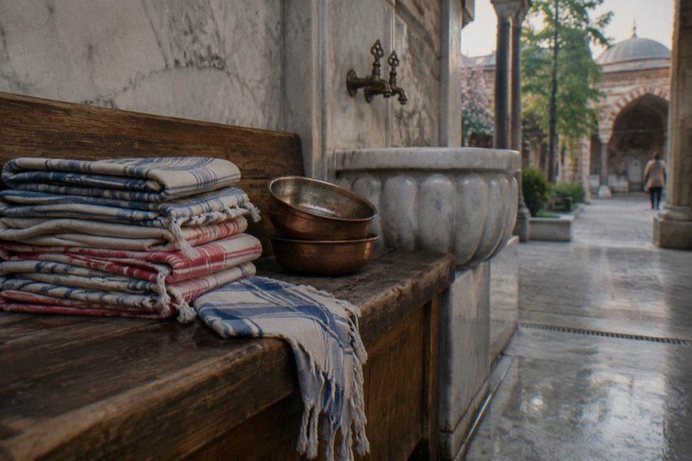 Folded peştemal cloths and copper bowls arranged on a hamam bench