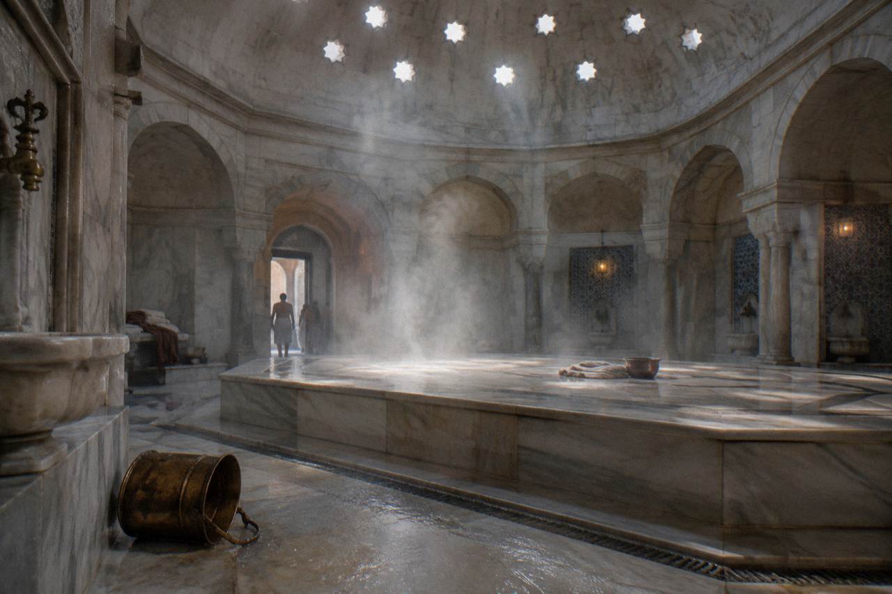 Steam drifting through a domed marble hamam hall with a heated stone platform