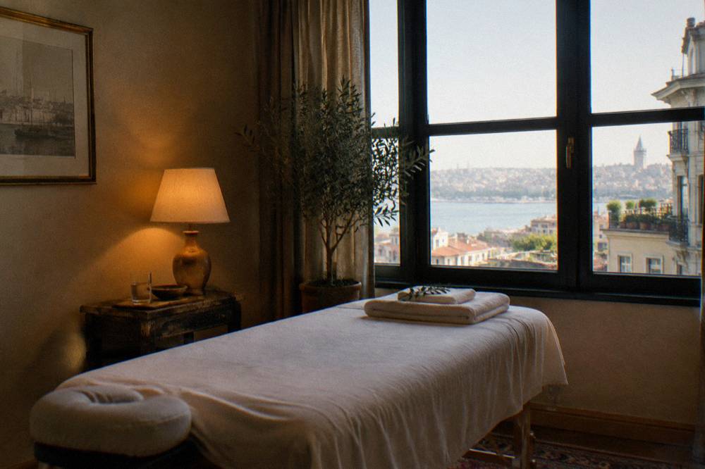 A private treatment room with a padded massage table, folded towels, and warm lamplight