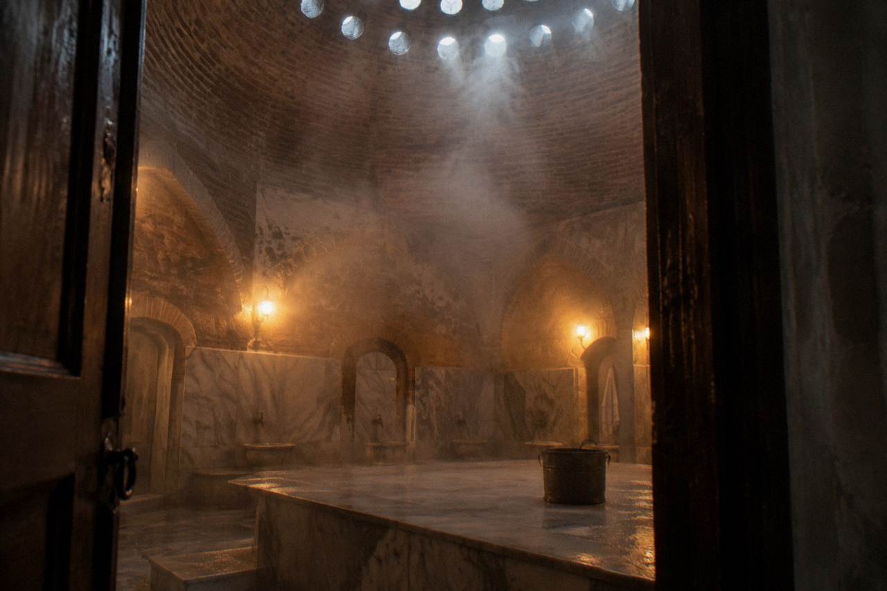 Steam drifting through a domed hamam hall above a heated marble platform