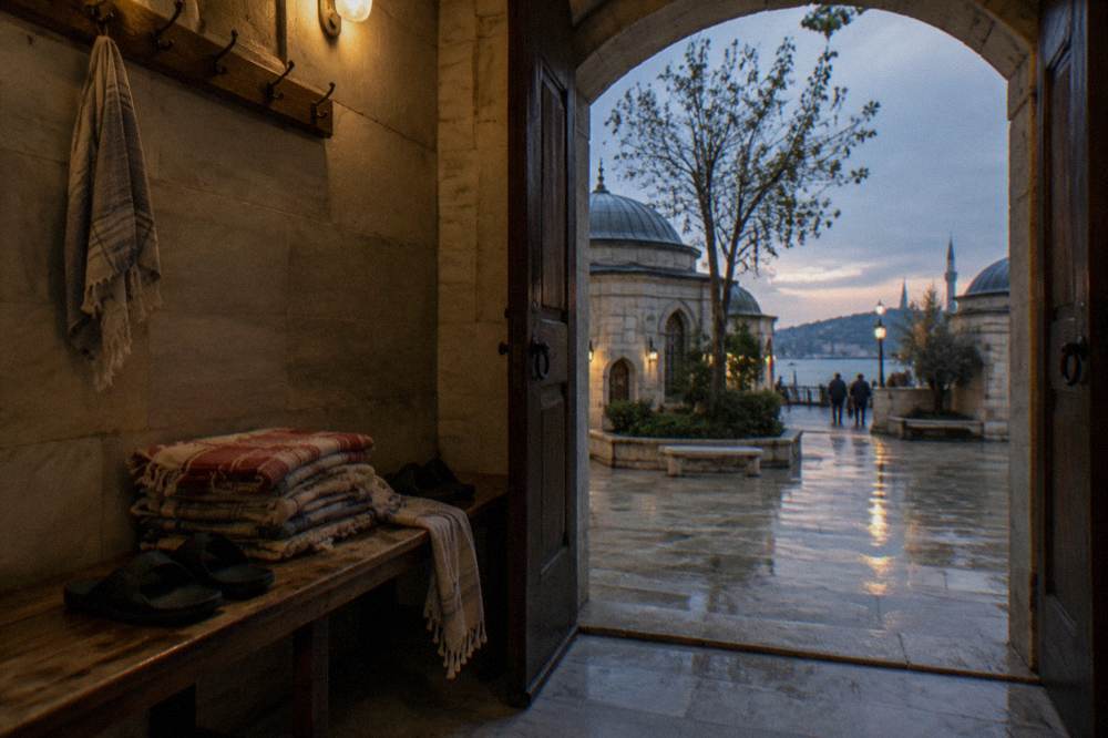Folded towels, slippers and woven wraps stacked on a wooden bench in a hamam changing area