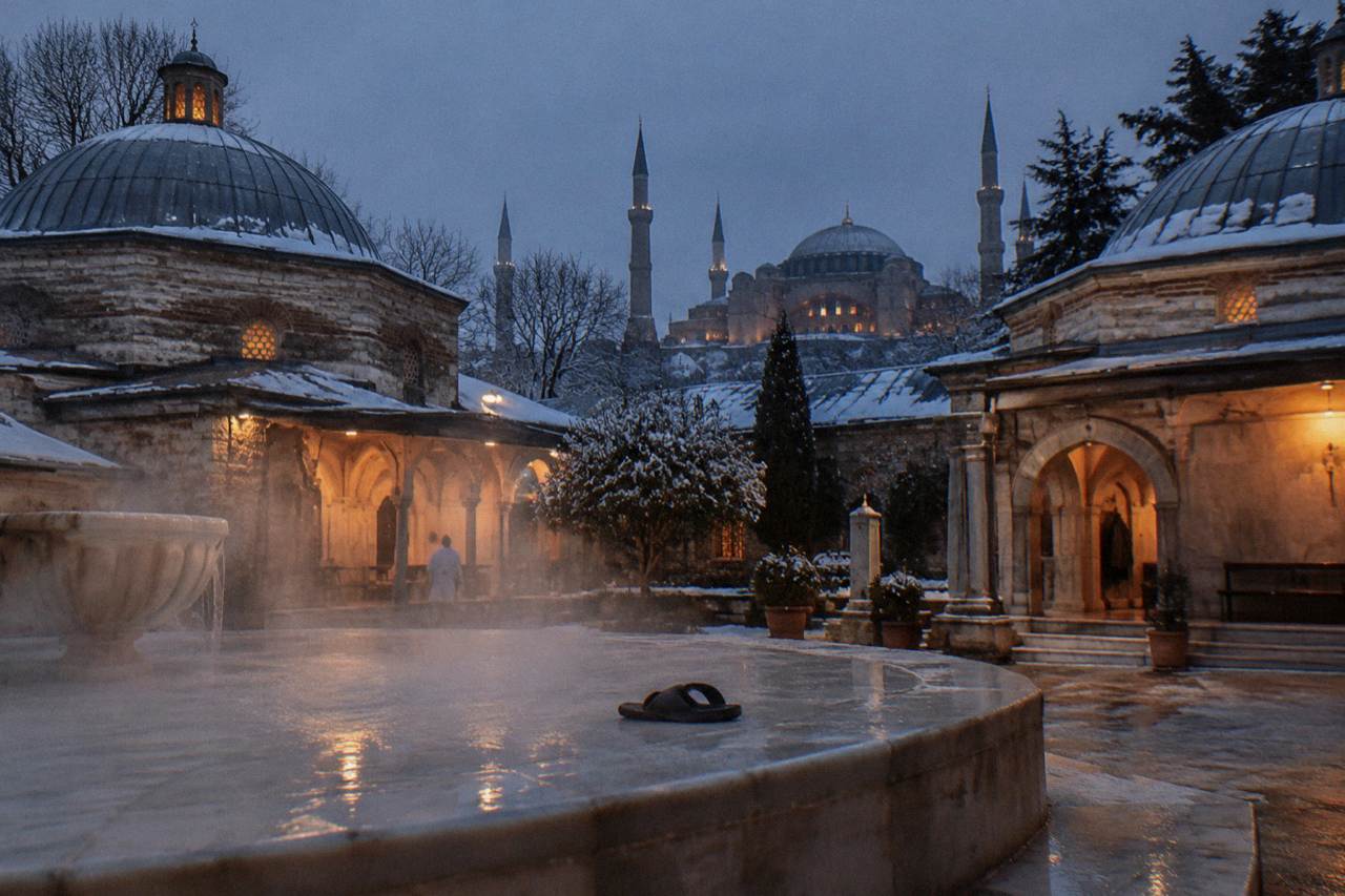 Marble interior of an Istanbul hamam with a heated central platform and domed ceiling