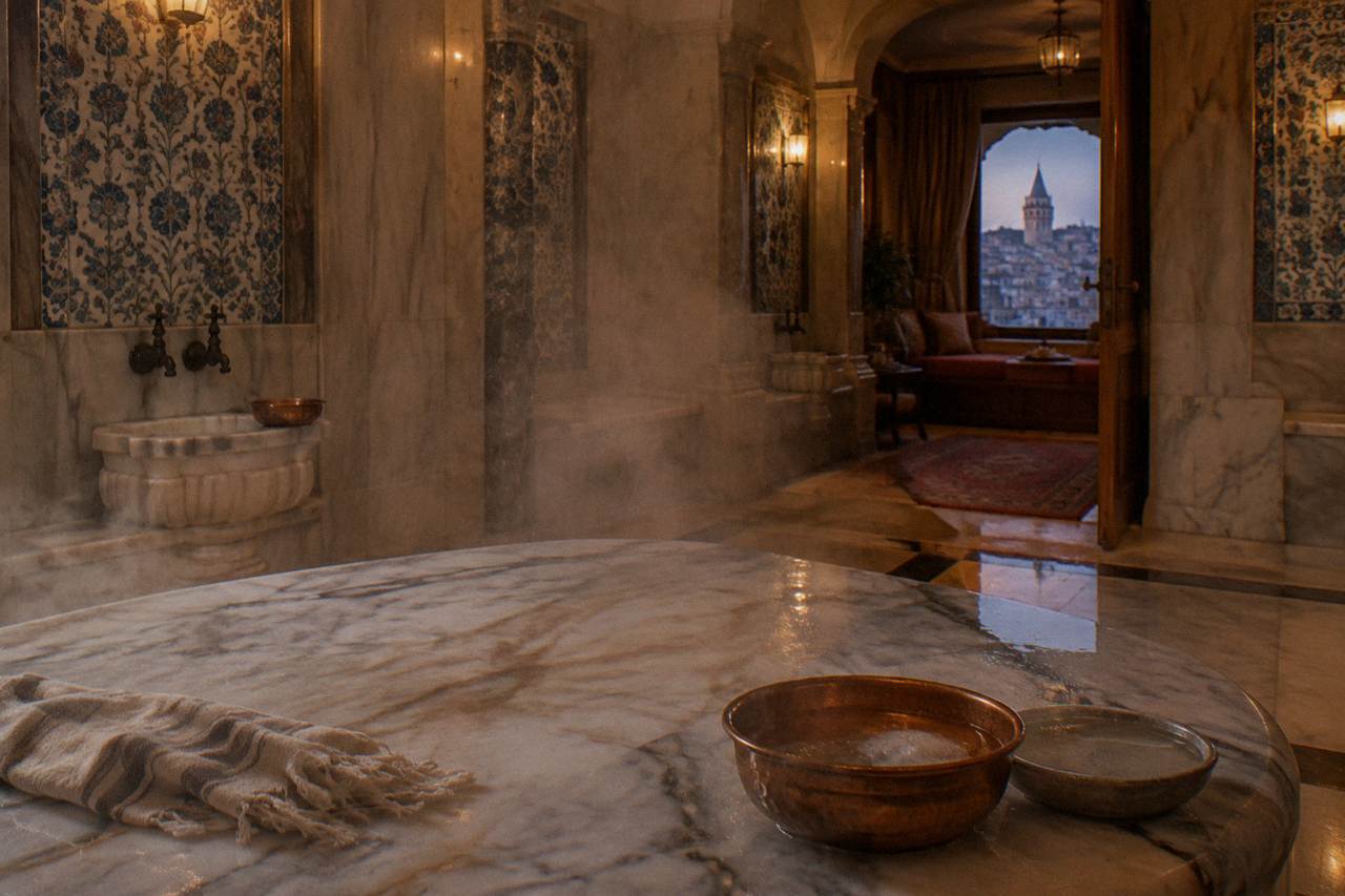 Private hammam room with a warm marble slab, steam and copper bowls