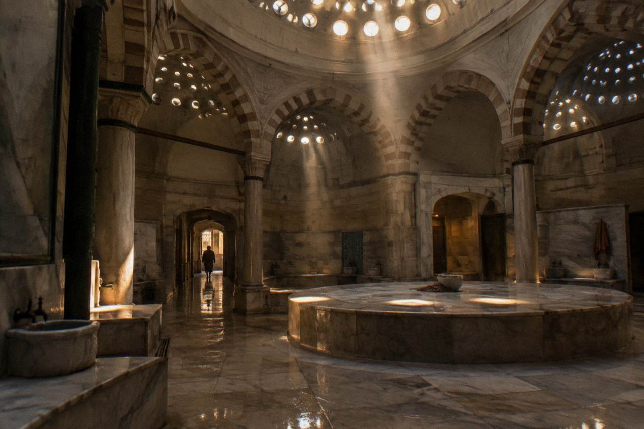 Domed hammam interior with marble floors and small glass circles in the ceiling letting daylight fall onto the stone