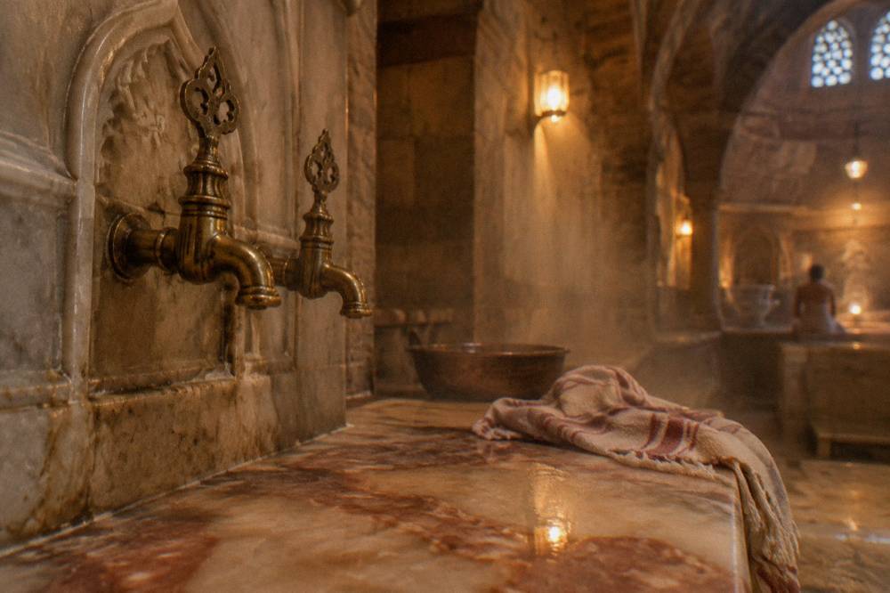 Warm marble platform and ornate taps along the stone wall of an empty hamam hot room