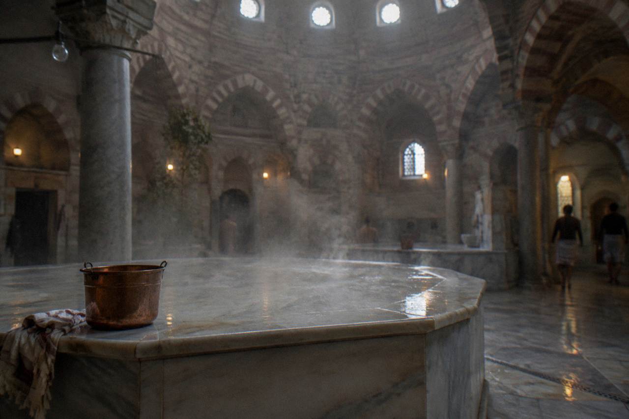 Steam rising over a heated marble platform inside a domed Ottoman bathhouse