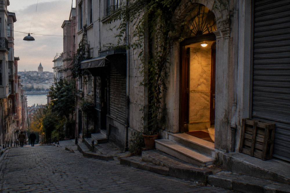 Narrow Beyoğlu side street with apartment buildings and storefronts sloping downhill