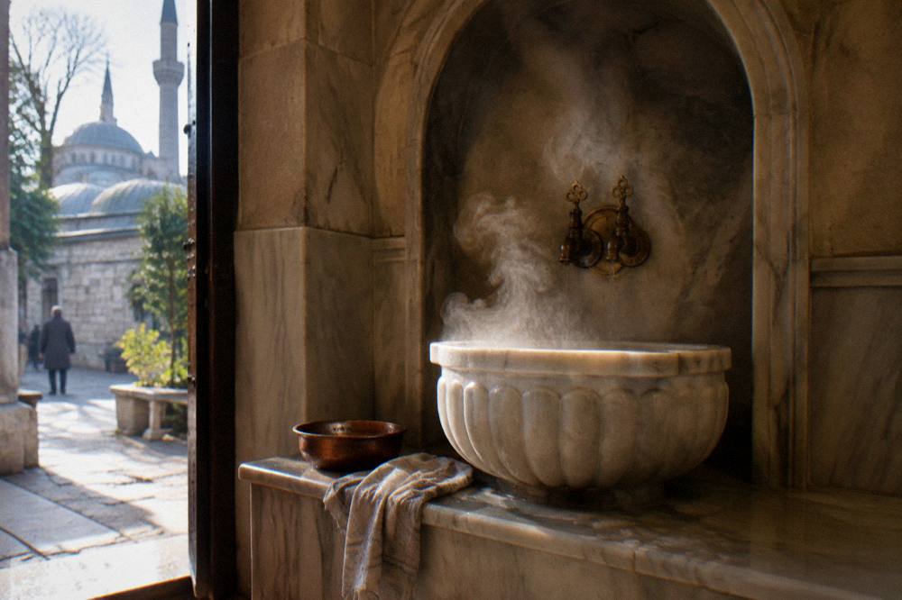 Steam rising from a marble basin under an arched niche in a warm bath room