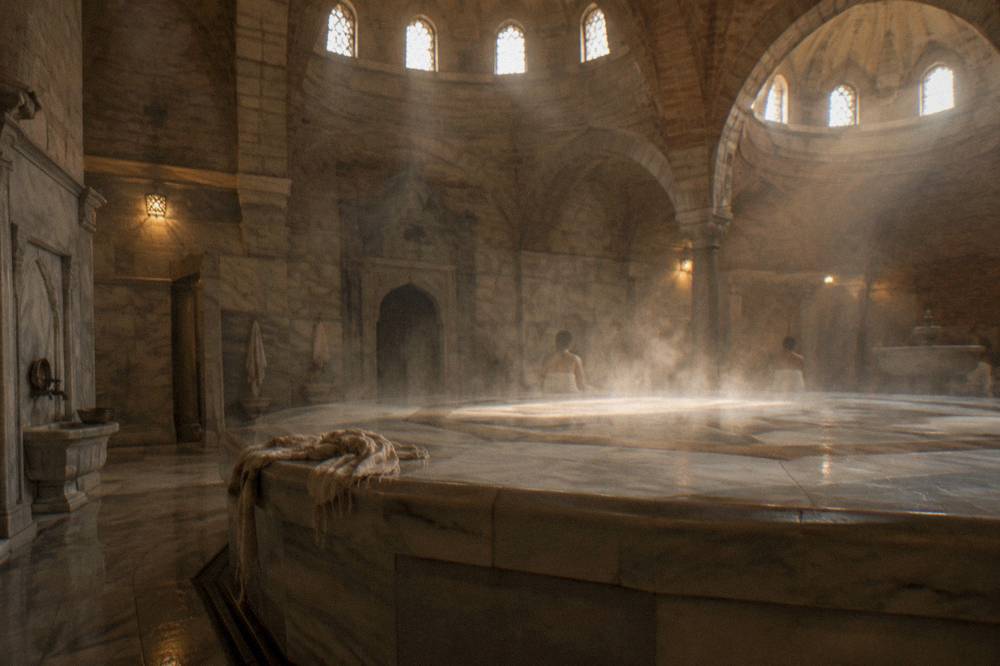 Warm marble platform inside a domed hamam with steam and soft light from ceiling windows
