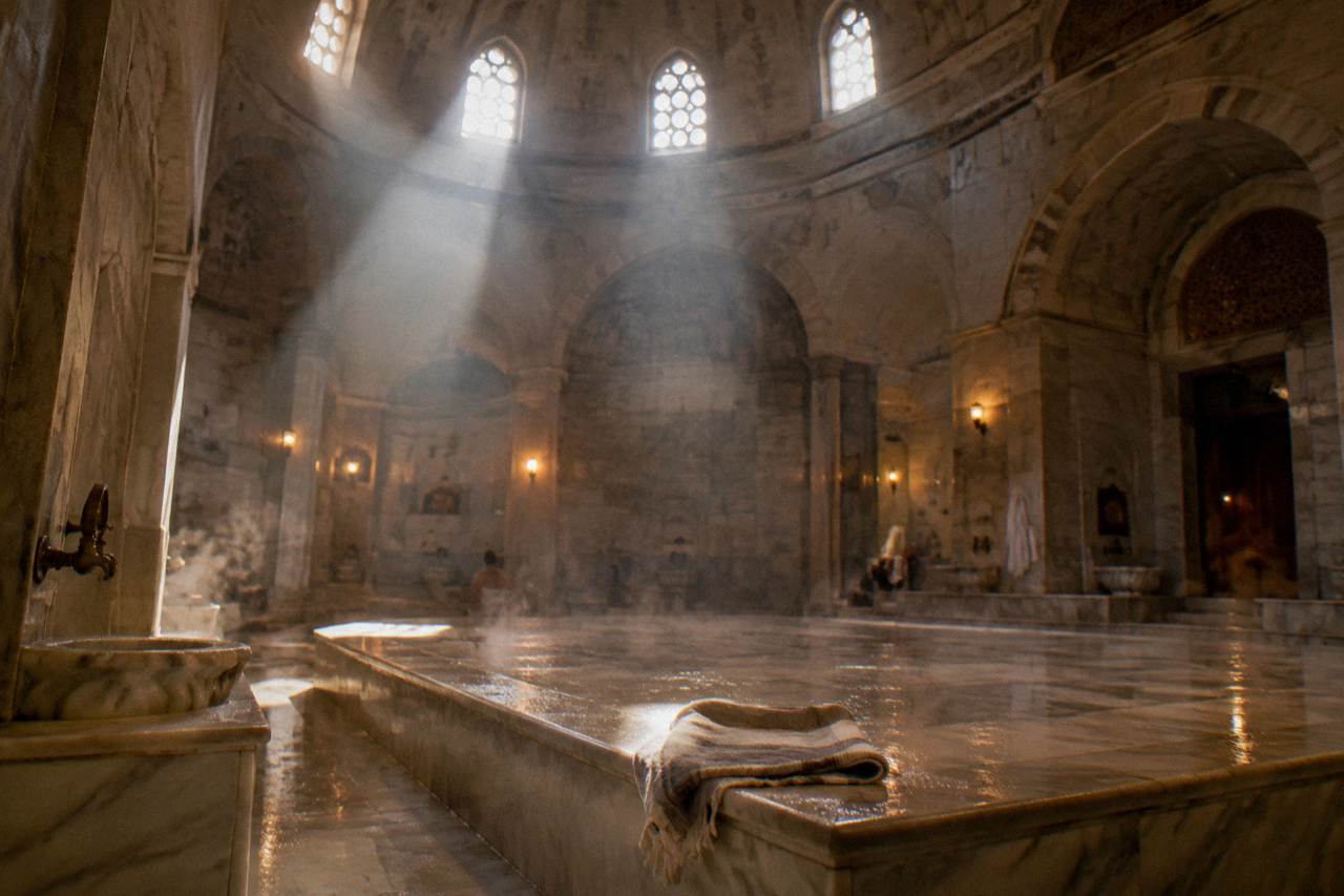 Domed Ottoman bath interior with marble floors and light filtering through small glass circles in the ceiling