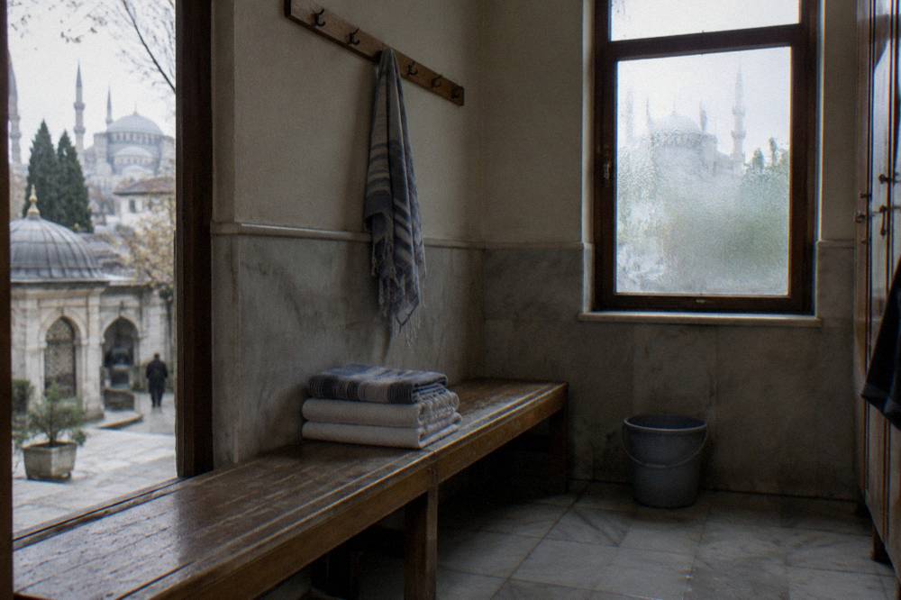 Stacked folded towels and a peştemal cloth on a wooden bench in a bathhouse changing area