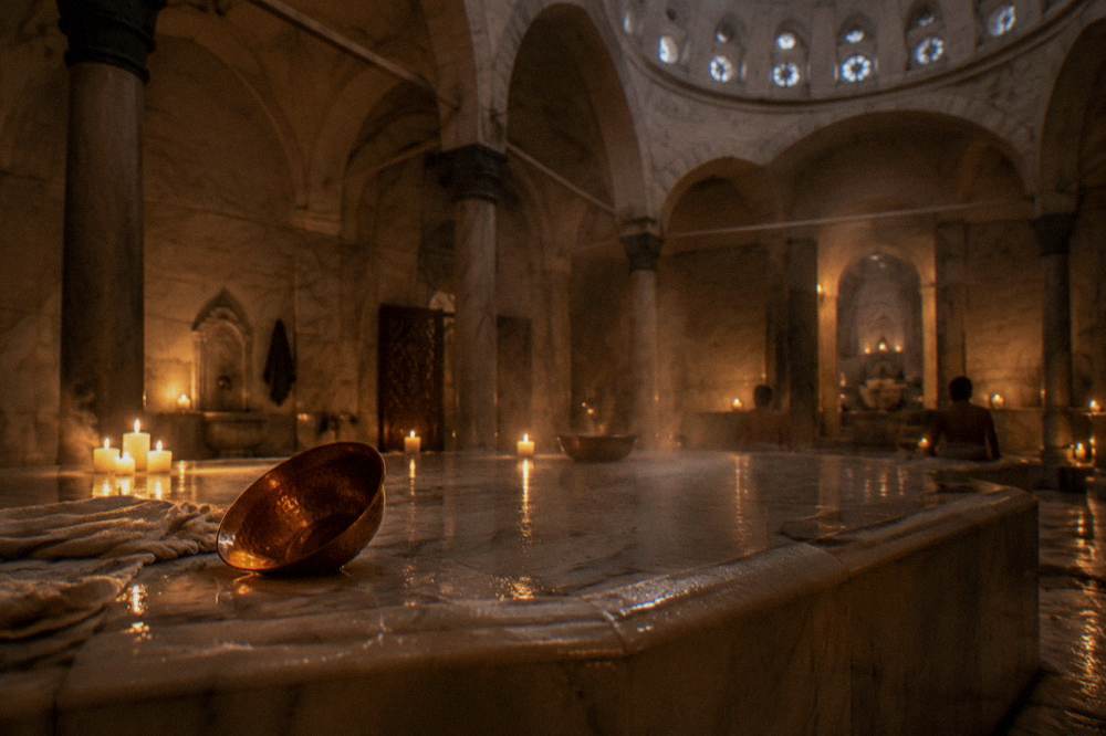 Warm marble bathing platform in a candlelit domed hamam room with steam rising