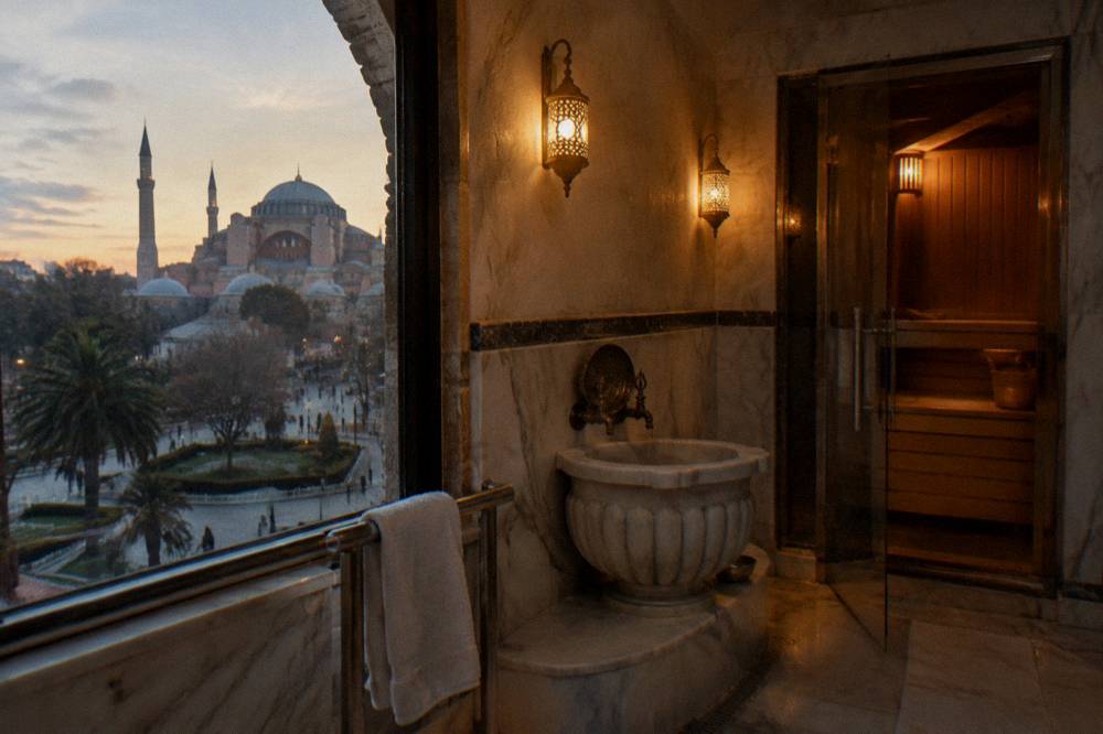 Modern private spa bath room with a marble basin, sauna door and soft lighting