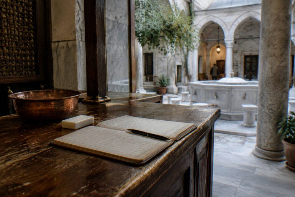 Reception desk of a Turkish bath with a copper bowl, soap and a booking ledger