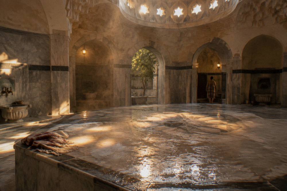 Warm marble interior of a historic Istanbul hamam with steam rising from the heated central stone