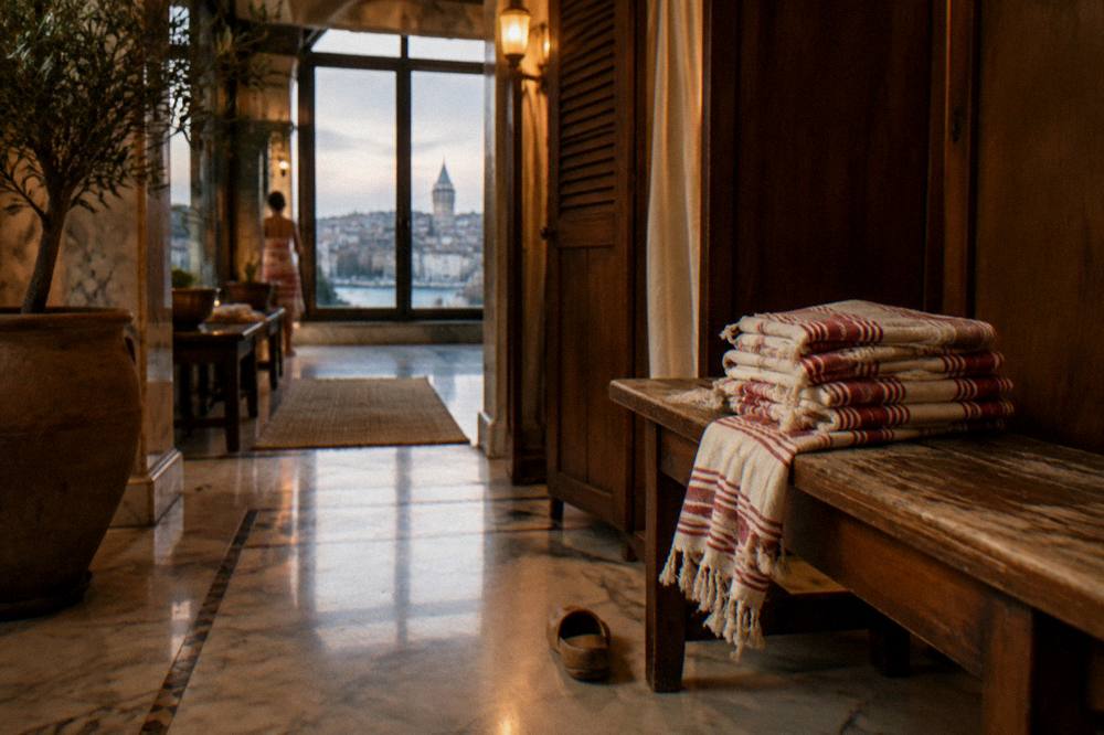 Folded peschtemal cloths on a wooden bench beside a hamam changing cabin