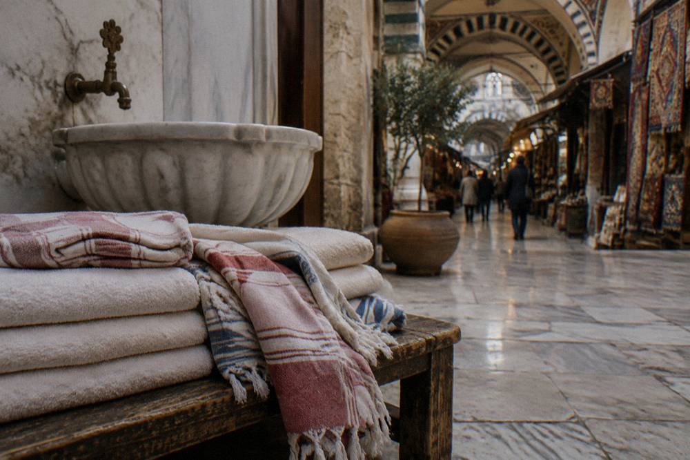 Stacked folded towels and woven peştemal cloths on a wooden bench beside a marble basin