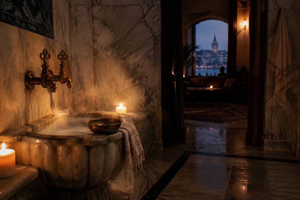 Candlelit marble basin with brass taps along a hammam wall