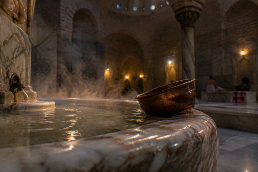 Steam rising from a marble basin in a dimly lit domed bath chamber