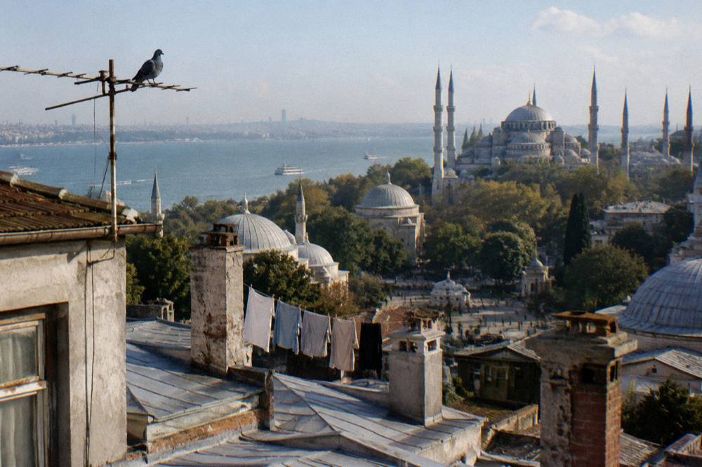 Istanbul rooftops seen from a terrace with the Bosphorus in the far distance