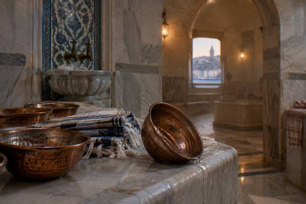 Copper bowls and folded towels on the marble ledge of a steam room