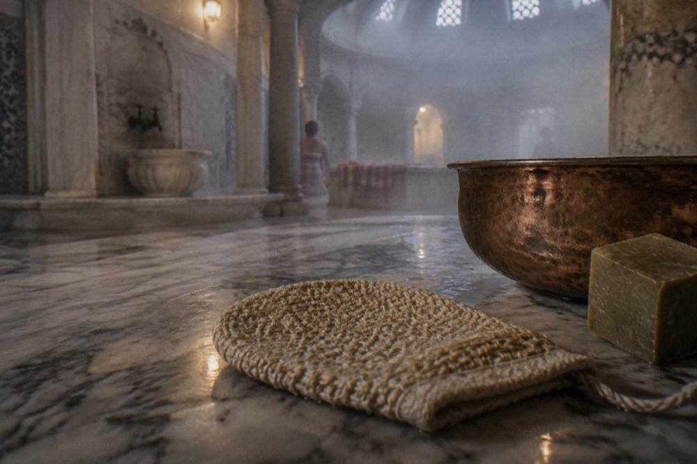 A woven kese mitt resting on hot marble beside a copper basin and a bar of olive oil soap