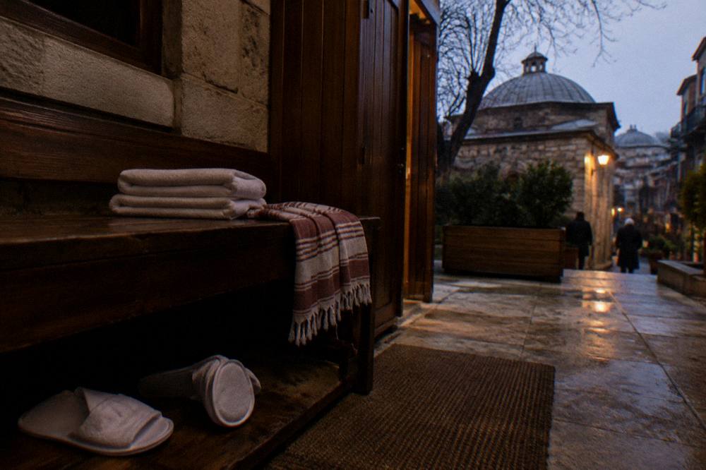 Folded towels, a peştemal and single-use slippers arranged on a wooden bench beside a hamam changing cabin