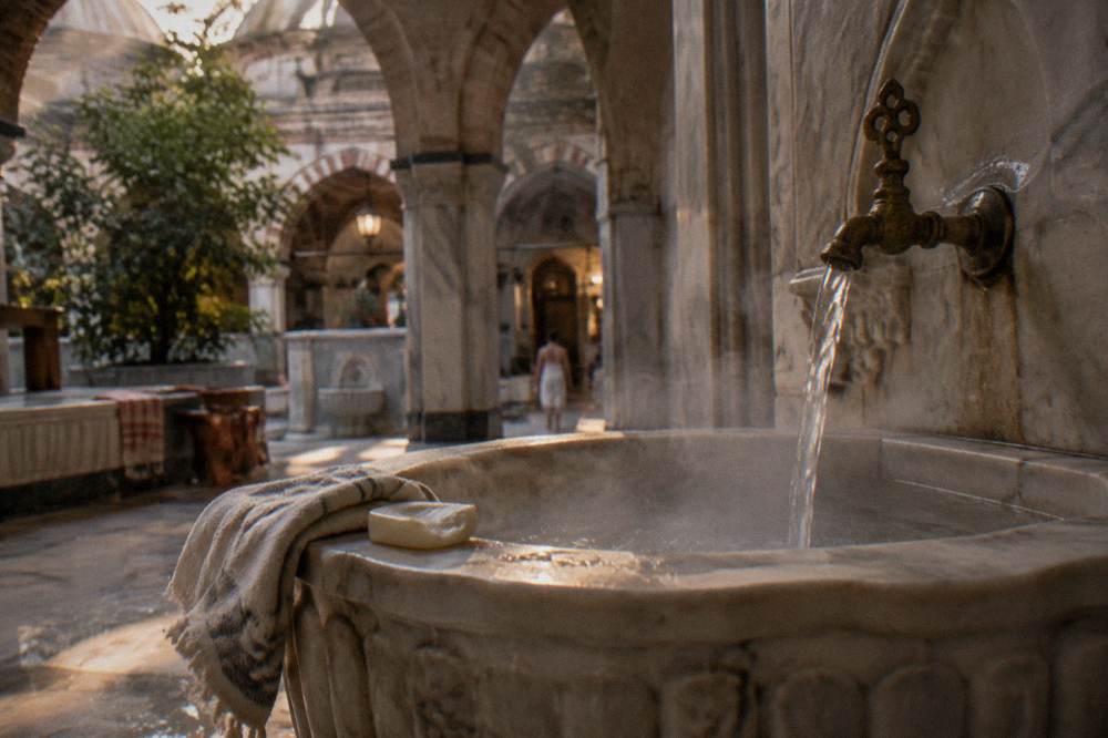Carved marble washing basin with running water in a steamy hamam hall