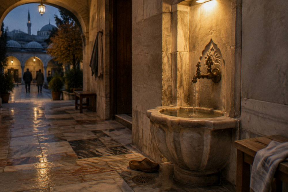 Fountain basin and patterned marble floor in the changing area of a Turkish bath