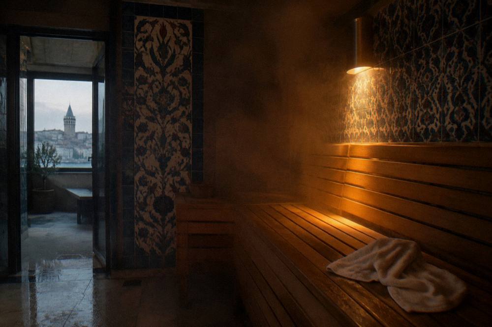 Tiled sauna interior with wooden bench and dim warm lighting in a hotel spa