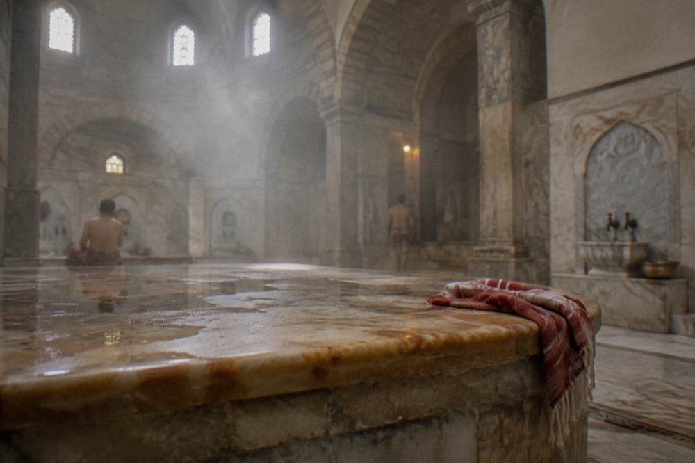 Warm marble slab inside a steamy domed bath hall with light filtering through ceiling windows
