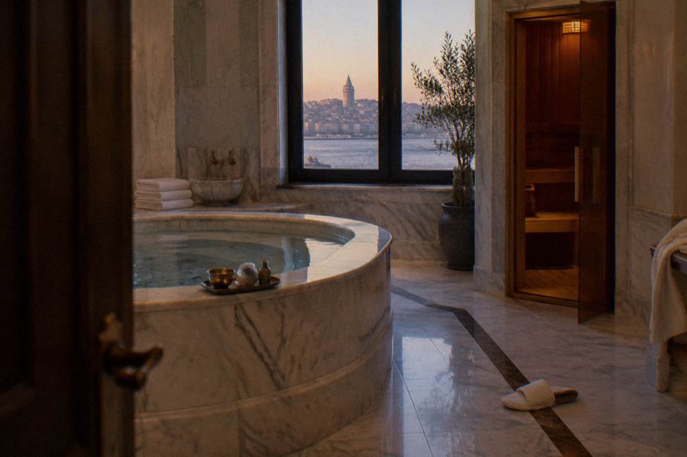 Private spa hamam room with marble tub, sauna door, and folded towels