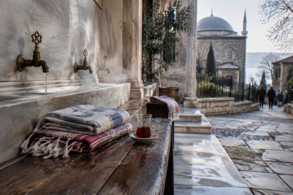 Peştemal cloths folded on a wooden hamam bench beside a cup of tea