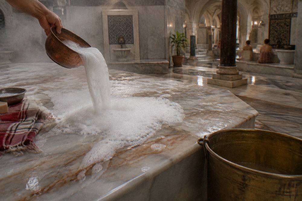 Thick white soap foam being poured over a warm marble hamam slab beside a copper bowl
