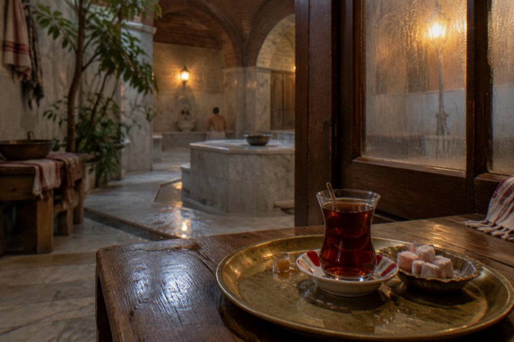 Tea in a tulip-shaped glass with Turkish delight on a brass tray in a hamam rest area
