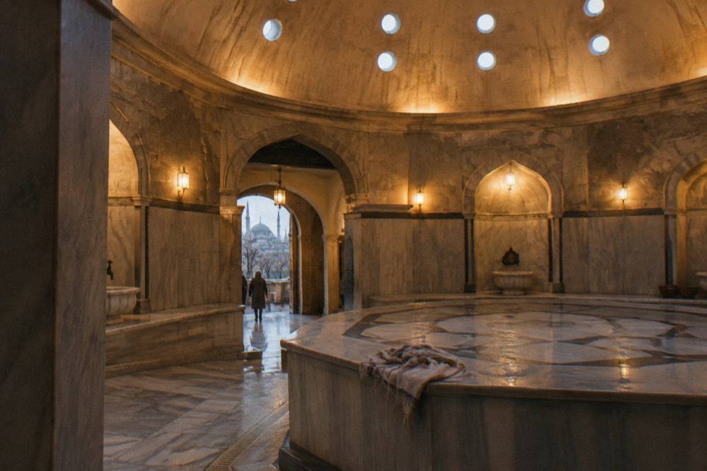 Marble hammam interior with a domed ceiling pierced by small round skylights and a warm stone platform