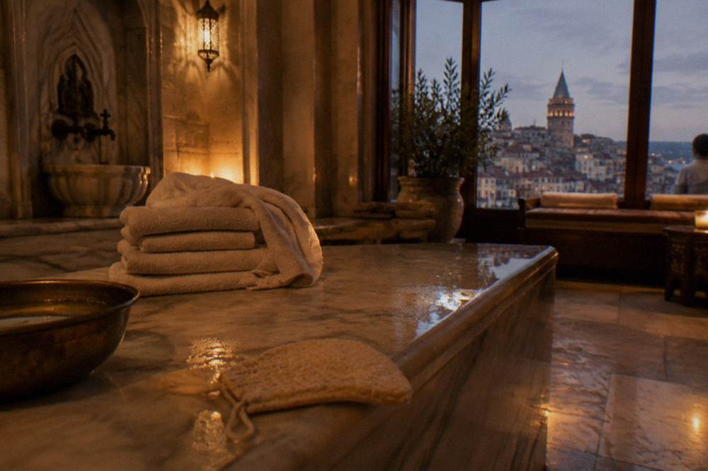 Hotel spa treatment room with a heated marble slab, stacked towels and soft warm lighting