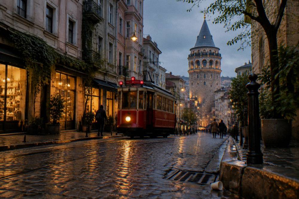 Istanbul street in the evening with a vintage tram, lit shopfronts and wet cobblestones reflecting the light