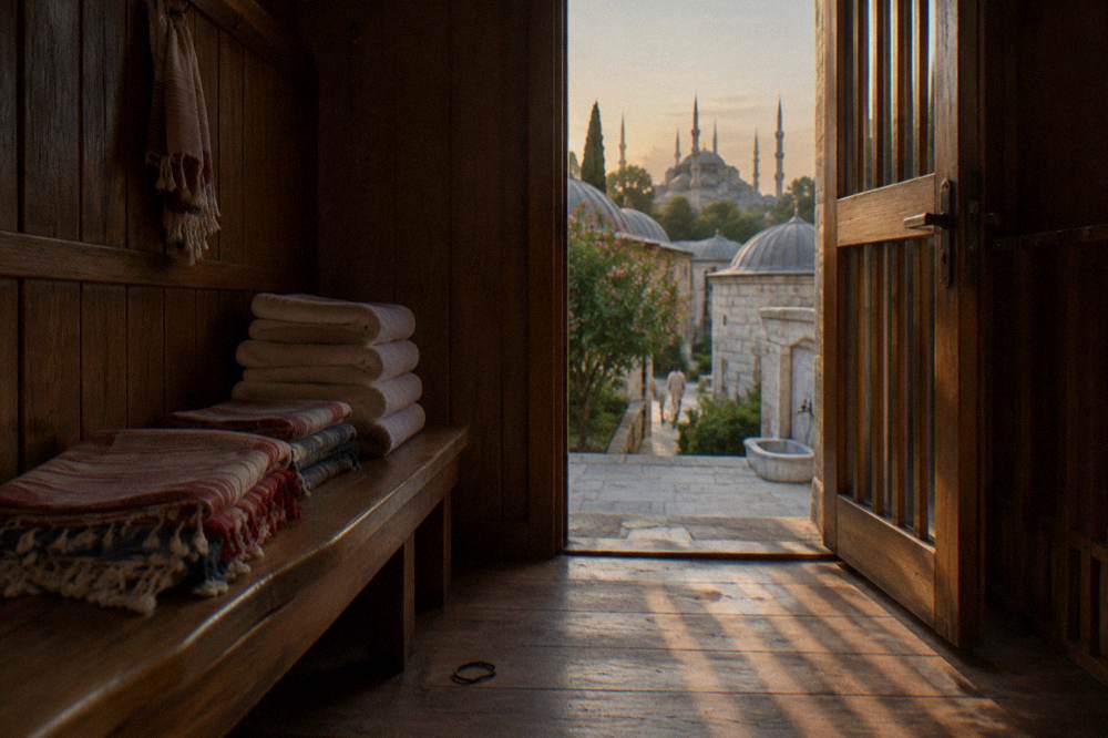 Folded woven peştemal cloths and stacked towels on a wooden bench beside a hamam changing cabin