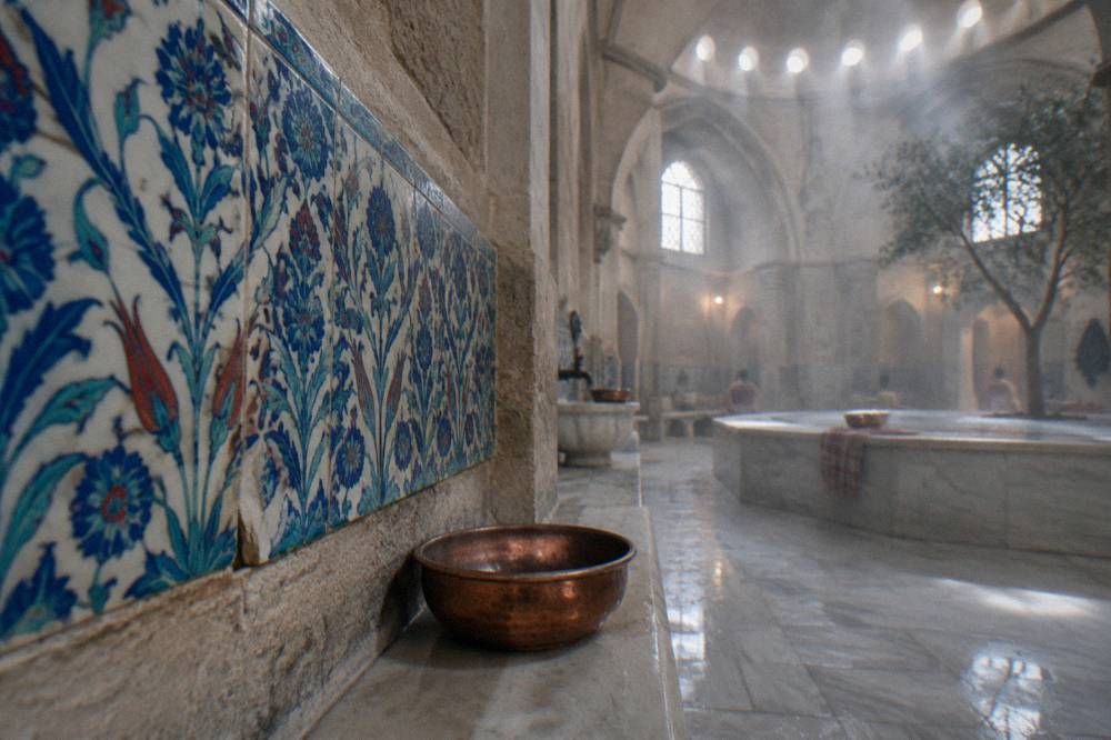 Conserved glazed tile panels and stone walls inside a historic Ottoman bath