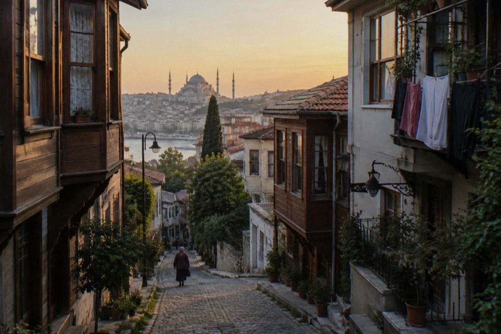 Narrow sloping street of restored wooden houses in the Zeyrek district of Fatih