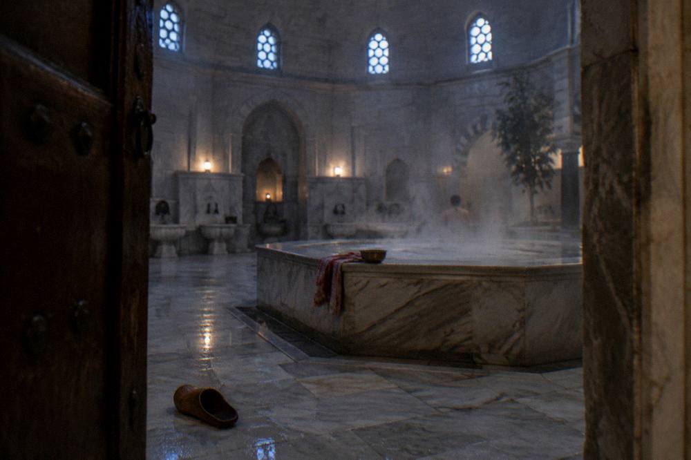 Steam rising over a heated marble slab in a domed Ottoman bath interior